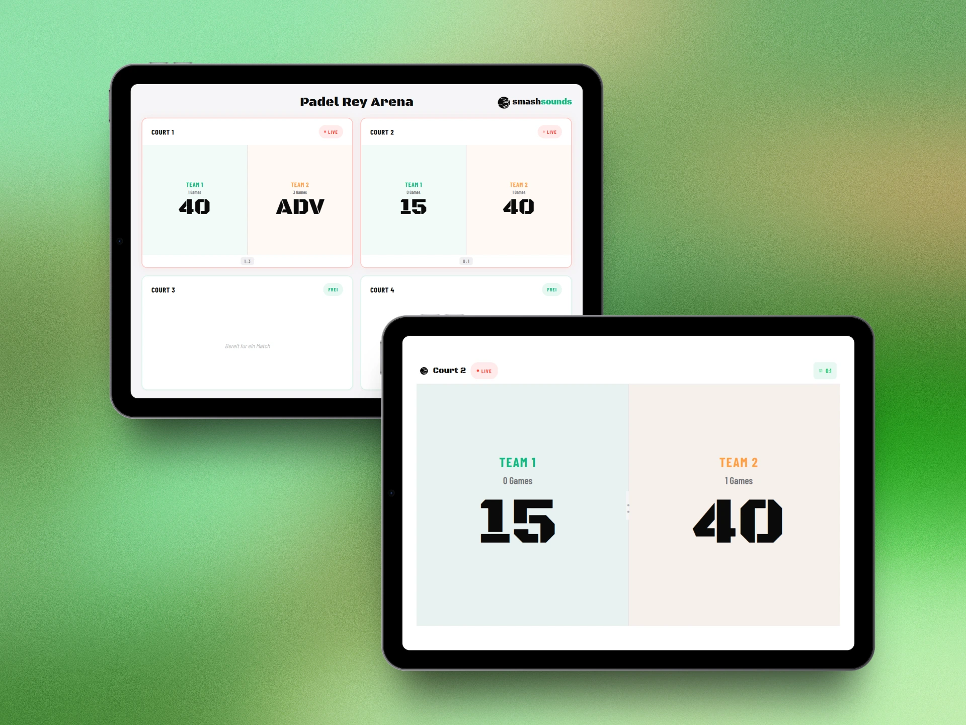 SmashSounds Court Display — zwei Tablets live im Einsatz